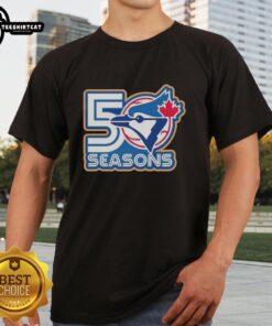 Awesome Toronto Blue Jays 50 Seasons Logo T-Shirt featuring a bold design celebrating the team's anniversary.