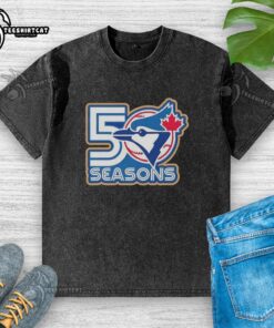 Awesome Toronto Blue Jays 50 Seasons logo washed t-shirt featuring a vintage design and vibrant colors.