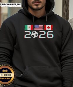 Awesome United 2026 Soccer Cup North America emblem hoodie featuring vibrant flags and stylish design for fans.