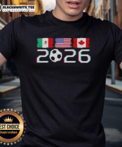 Alt Text: Awesome United 2026 Soccer Cup North America emblem with flags on a stylish t-shirt design for soccer fans.