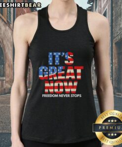 Awesome USA Flag Patriotic tank top featuring 'Freedom Never Stops' design, perfect for celebrating independence.
