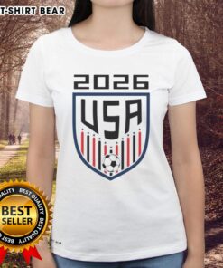 Awesome USA Soccer Player 2026 Fan Logo Ladies Tee featuring vibrant design for soccer enthusiasts and team supporters.