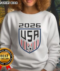 Awesome USA Soccer Player 2026 fan logo sweatshirt featuring bold graphics and vibrant colors for soccer enthusiasts.