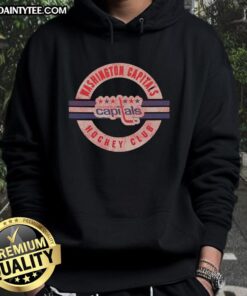 Alt Text: Vintage Washington Capitals hoodie surrounded by sports memorabilia, showcasing team colors and logo for fans.