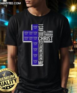 Alt Text: Washington Huskies Women's Basketball Cross T-Shirt featuring 'I Can Do All Things Through Christ' design.