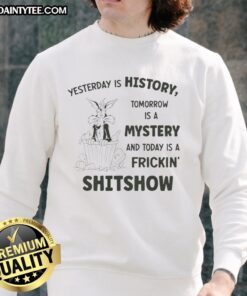 Alt Text: Wile E. Coyote sweatshirt featuring Yesterday is history, tomorrow is a mystery, and today a shitshow quote.