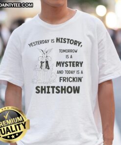 Alt Text: Wile E. Coyote Looney Tunes t-shirt featuring Yesterday is History, Tomorrow is a Mystery, Today is a Shitshow design.