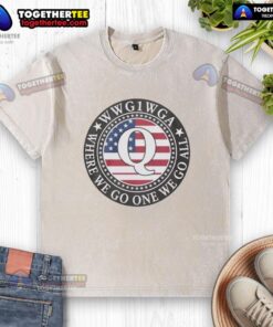 Awesome Wwg1 Wga Qanon flag emblem on a stylish washed t-shirt, perfect for supporters of the movement.