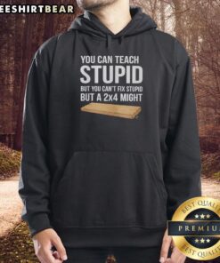 Alt Text: Awesome hoodie featuring the phrase 'You Can Teach Stupid But You Can't Fix Stupid - A 2x4 Might' in bold text.