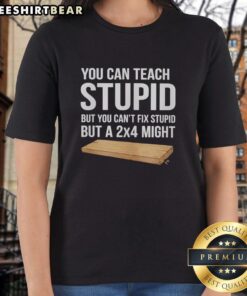 Awesome ladies tee featuring 'You Can Teach Stupid But You Cant Fix Stupid' with a playful 2x4 graphic design.