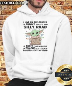Cute Baby Yoda in a psycho hoodie, living at the corner of Funny Street and Silly Road in Crazy Town.