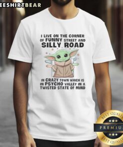 Adorable Baby Yoda wearing a 'Funny Street and Silly Road' t-shirt, perfect for fans of quirky, humorous apparel.