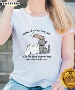 Alt Text: Cute tee featuring the phrase 'Behind Every Hot Girl Is A Cat' perfect for cat lovers and stylish women.