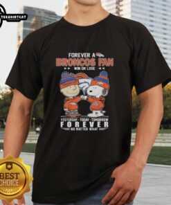 Alt Text: Cute Charlie Brown fist bump with Snoopy on a Denver Broncos fan t-shirt, celebrating loyalty win or lose.