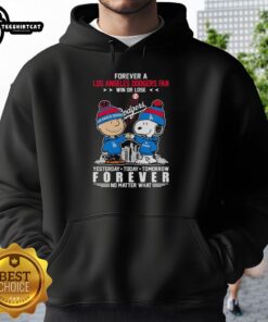 Alt Text: Cute Charlie Brown fist bump with Snoopy on a Dodgers hoodie for true fans, win or lose, forever supportive.
