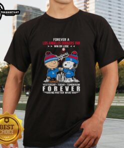 Alt Text: Cute Charlie Brown and Snoopy fist bump in Los Angeles Dodgers fan t-shirt, showcasing loyalty win or lose.