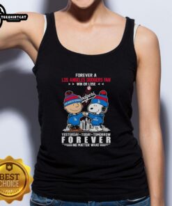 Cute Charlie Brown fist bump with Snoopy, celebrating Dodgers fandom in a stylish tank top, win or lose.