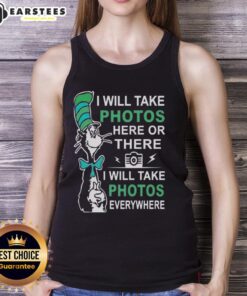 Cute Dr. Seuss tank top with 'I Will Take Photos Here or There' design, perfect for photography lovers.