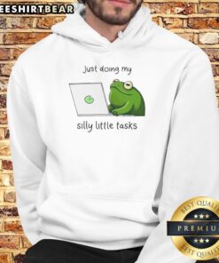 Alt Text: Cute frog in a hoodie, playfully engaged in silly little tasks, showcasing a fun and whimsical design.