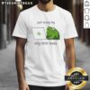 Alt Text: Cute frog illustration on a t-shirt with the phrase 'Just Doing My Silly Little Tasks' in playful font.