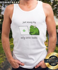 Cute frog in a tank top doing silly little tasks, showcasing charm and humor in a playful setting.