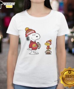 Alt Text: Cute Kansas City Chiefs Snoopy Woodstock football NFL ladies tee, perfect for fans of stylish team apparel.