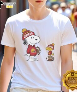 Cute Kansas City Chiefs Snoopy Woodstock NFL T-Shirt featuring playful graphic design for football fans.
