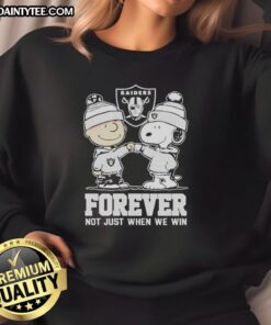 Alt Text: Cute Peanut Snoopy and Charlie Brown in Las Vegas Raiders Forever sweatshirt, perfect for fans of all ages.