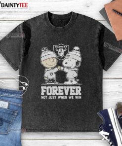 Alt Text: Cute Peanut Snoopy and Charlie Brown on a Las Vegas Raiders Forever T-shirt, perfect for fans celebrating every game.