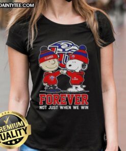Alt Text: Cute Peanut Snoopy and Charlie Brown graphic tee with Liberty Flames Forever slogan for ladies' fashion.