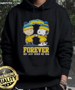 Adorable Snoopy and Charlie Brown in Los Angeles Chargers hoodie, showcasing 'Forever, Not Just When We Win' design.