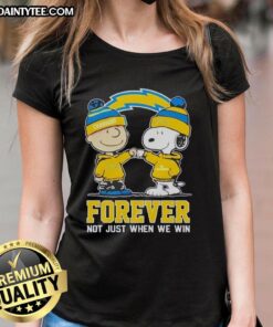 Alt Text: Cute Peanut Snoopy and Charlie Brown on a Los Angeles Chargers Forever tee for ladies, perfect for fans.
