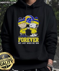 Cute Peanut Snoopy and Charlie Brown in Los Angeles Rams hoodie: 'Forever Not Just When We Win' design.