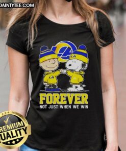 Cute Peanut Snoopy and Charlie Brown graphic on a Los Angeles Rams Forever tee for ladies, perfect for NFL fans.