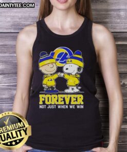 Adorable Snoopy and Charlie Brown tank top featuring Los Angeles Rams logo, perfect for fans who cheer forever, not just in victory.