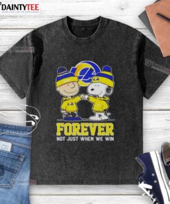 Alt Text: Cute Peanut Snoopy and Charlie Brown on a Los Angeles Rams Forever T-shirt, celebrating fandom beyond just winning.
