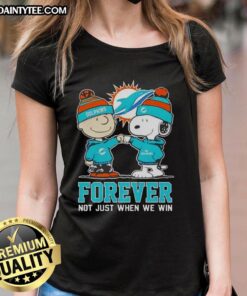 Alt Text: Cute Peanut Snoopy and Charlie Brown Miami Dolphins Forever tee for ladies, celebrating team spirit and fandom.