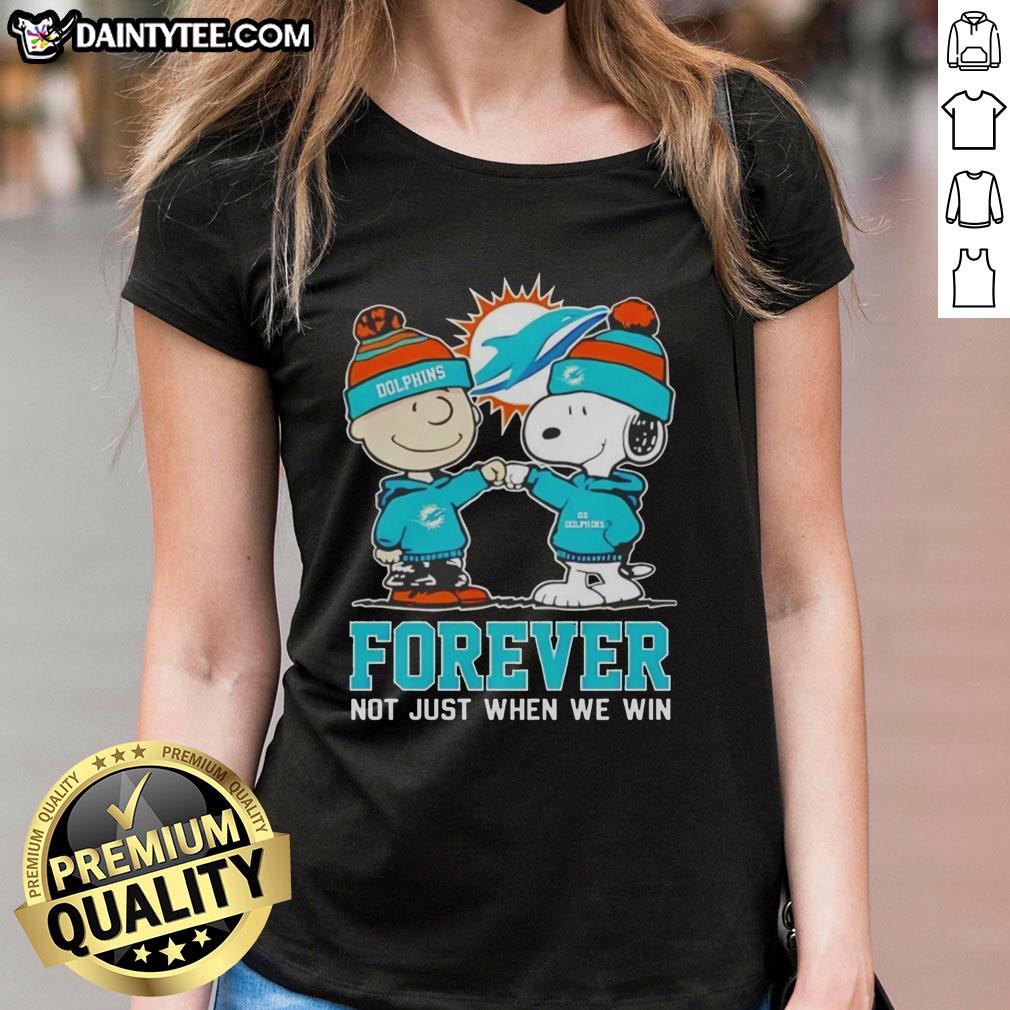 cute-peanut-snoopy-charlie-brown-miami-dolphins-forever-not-just-when-we-win-ladies-tee Alt Text: Cute Peanut Snoopy and Charlie Brown Miami Dolphins Forever tee for ladies, celebrating team spirit and fandom.