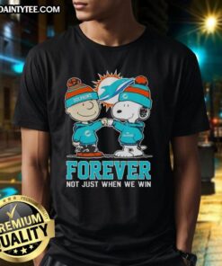 Adorable Peanut Snoopy and Charlie Brown Miami Dolphins Forever T-Shirt design, celebrating fandom beyond just winning.