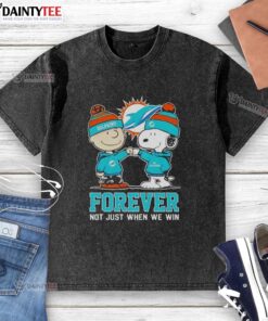 Alt Text: Cute Peanut Snoopy and Charlie Brown on Miami Dolphins Forever t-shirt, celebrating fandom beyond just winning.