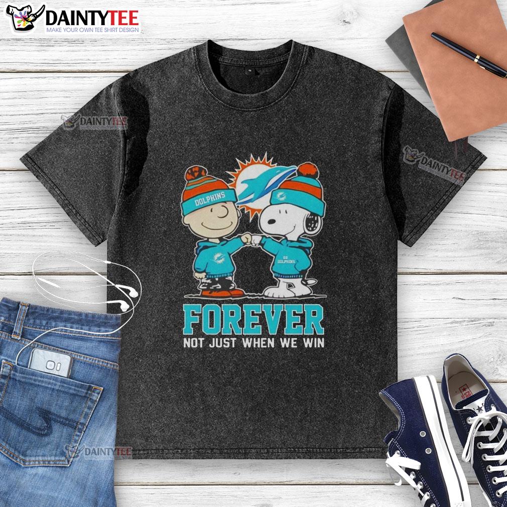 cute-peanut-snoopy-charlie-brown-miami-dolphins-forever-not-just-when-we-win-washed-t-shirt Alt Text: Cute Peanut Snoopy and Charlie Brown on Miami Dolphins Forever t-shirt, celebrating fandom beyond just winning.