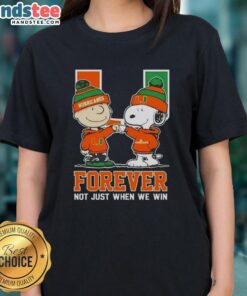 Alt Text: Cute Peanut Snoopy and Charlie Brown on a Miami Hurricanes tee, celebrating fandom forever, not just when we win.