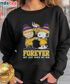 Alt Text: Cute Peanut Snoopy and Charlie Brown in Minnesota Vikings sweatshirt, celebrating fandom with Forever, Not Just When We Win.