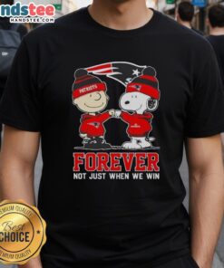 Alt Text: Cute Peanut Snoopy and Charlie Brown on New England Patriots Forever T-Shirt, perfect for fans year-round.