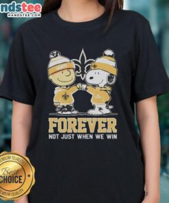 Alt Text: Cute Peanut Snoopy and Charlie Brown New Orleans Saints Forever tee for ladies, perfect for any fan.