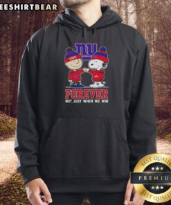 Cute Peanut Snoopy and Charlie Brown on New York Giants hoodie, showcasing 'Forever, Not Just When We Win' design.