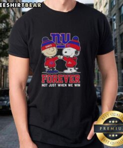 Alt Text: Cute Peanut Snoopy and Charlie Brown in New York Giants Forever T-Shirt, perfect for fans not just when they win.