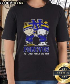 Adorable Snoopy and Charlie Brown graphic on a ladies tee, celebrating Notre Dame Fighting Irish spirit forever.