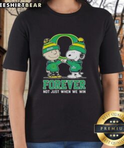 Cute Peanut Snoopy and Charlie Brown on Oregon Ducks Forever tee for women, celebrating team spirit beyond wins.