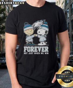 Alt Text: Cute Peanut Snoopy and Charlie Brown Philadelphia Eagles Forever T-Shirt, perfect for fans not just when we win.